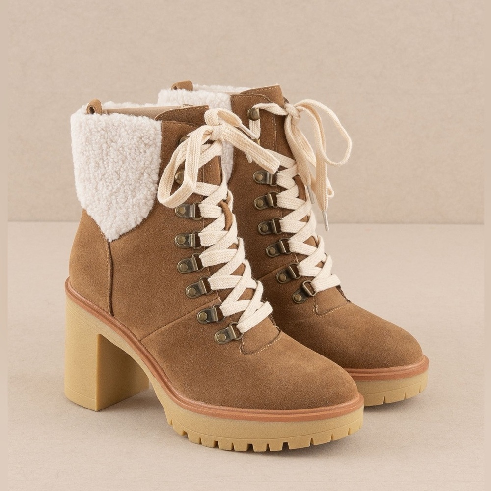 Heeled Platform Lace Up Sherpa Boots - Oasis Society